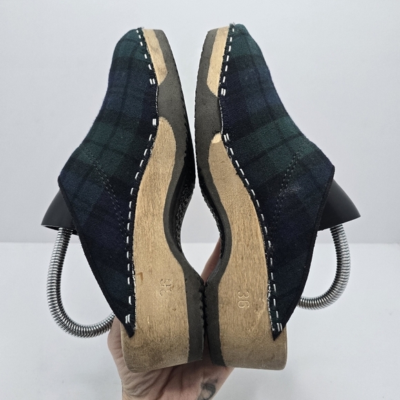 Vintage | Bohemian navy green plaid CottageCore platform clogs shoes | WMS 5.5 - Picture 12 of 14